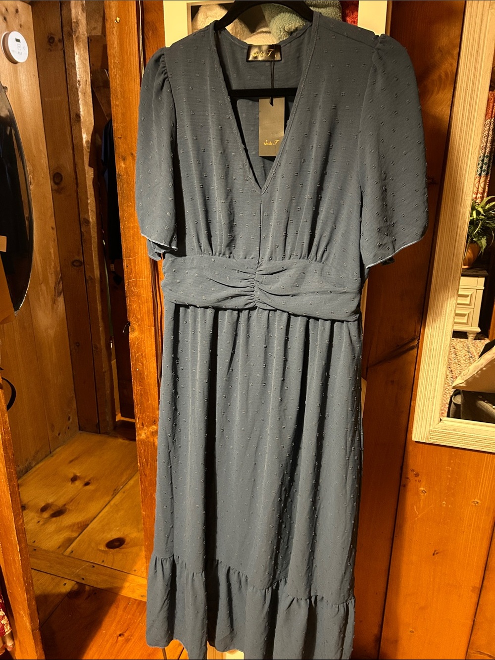 Unknown Brand Slate Blue Midi Dress with V-Neck and Twist Waist